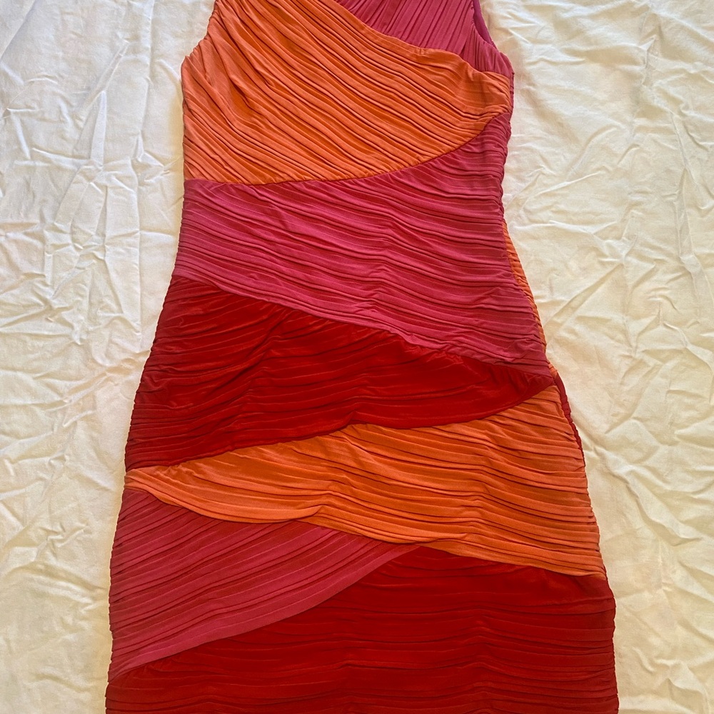 BCBGMaxAzria Red and Orange Pleated Mini Dress